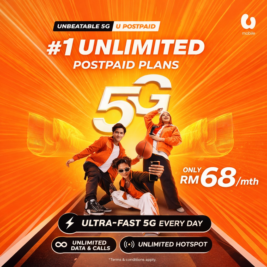 U Mobile unlimited 5G postpaid plan in Malaysia with ultra-fast 5G, unlimited data, calls, and hotspot from RM68 per month